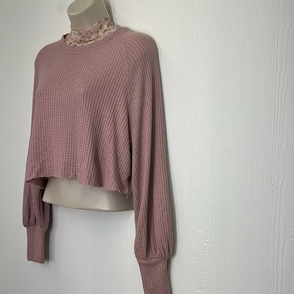 Free People - Light Pink Floral MockNeck Waffle Long Sleeve Crop Top Size XS - Picture 5 of 11